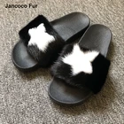 Wholesale Soft Black With White Star Real Mink Fur Slippers Pvc Fur Slides For Fashion Women