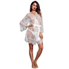 Sexy Ladies See Through White Long-sleeved Lace Kimono Robe with Belt