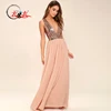Lovely V-neck Rose Gold Maxi Dress Sequin Bodice Maxi Chiffon Skirt Plunge Sequin Dress