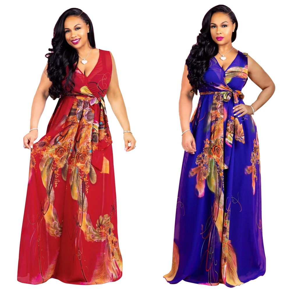 2019 Autumn african maxi sundress drawstring waist plus size sleeveless deep v-neck print casual dress beach wear for women
2019 Autumn african maxi sundress drawstring waist plus size sleeveless deep v-neck print casual dress beach wear for women