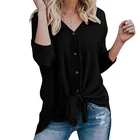 Women Waffle Knit Tunic Blouse Tie Knot Henley Tops Loose Fitting Bat Wing Plain Shirts