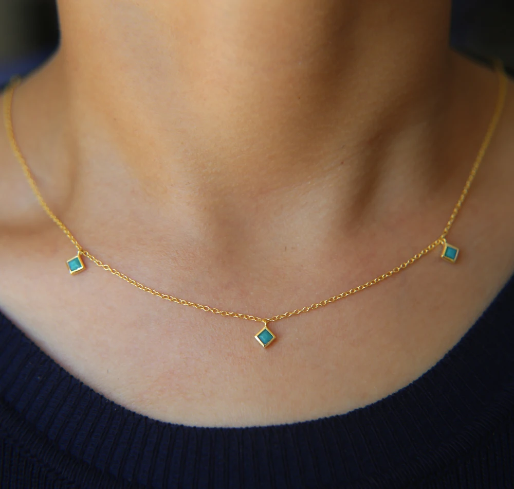 

Drop shipping 3mm square turquoise stone drip drop dainty delicate chain 925 sterling silver jewelry necklace, Customize