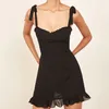 Z32185A Women's Fashion Sexy Lace Up Strap Solid Color Halter Ruffle Dress
