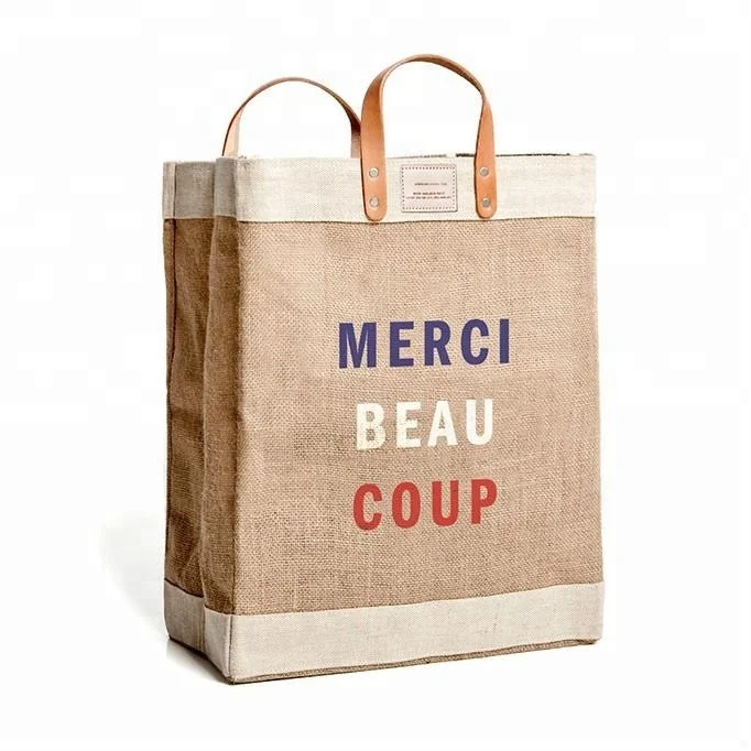 wholesale logo printing tote jute shopping bag with zipper