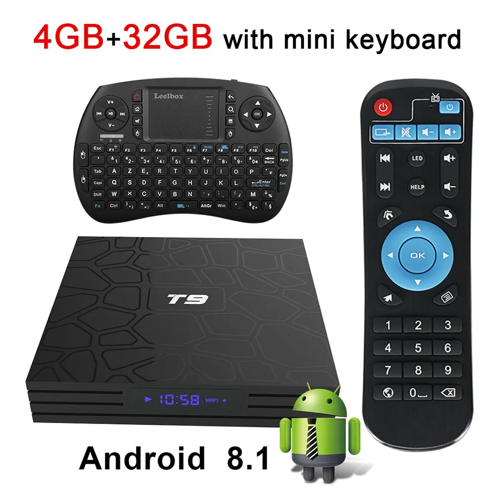 

OEM Top Quality 4GB 32GB T9 Android 8.1 TV Box Rockchip RK3328 Quad Core 4K Bluetooth Set Top Box with Mini Wireless Keyboard, N/a