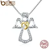 BAMOER SCN123 Authentic 925 Sterling Silver Guardian Angel Heart Pendant Necklaces Dazzling CZ Luxury Sterling Silver Jewelry