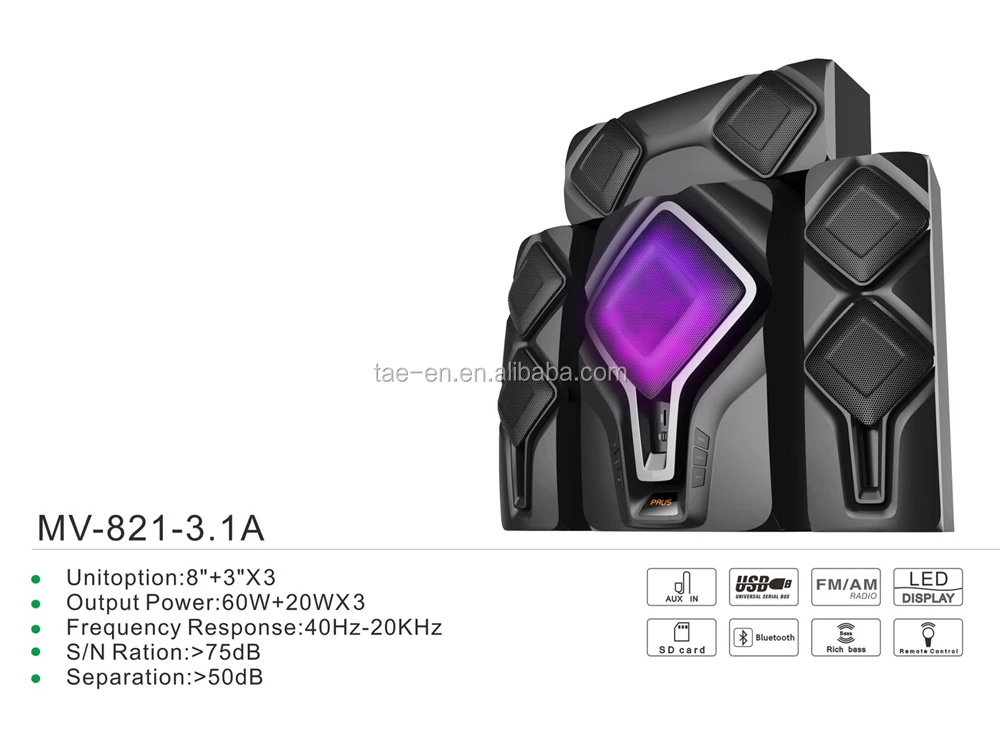 High quality MV-821-3.1 Speaker Sound System 3.1Home Theater System With BT/FM/USB/MP3/SD/Remote Control/LED Display - ANKUX.COM