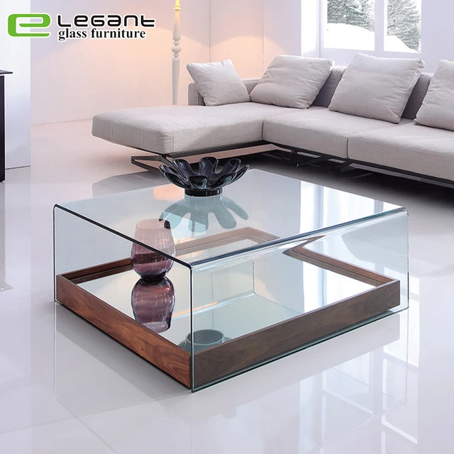 Living Room wooden Base Clear Glass Coffee Table