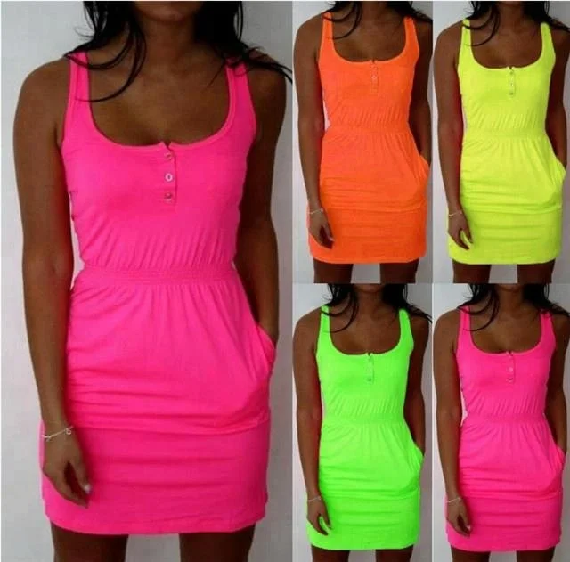 Plus Size Womens Neon Mini Dress Sleeveless Party Tops Summer Beach Dresses Coldker