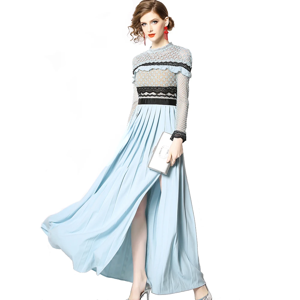 Wholesale In Stock Women New Designer Fashion Lace Ruffle Patchwork Long Sleeve High Split Pleated Maxi Dress, Light blue
Wholesale In Stock Women New Designer Fashion Lace Ruffle Patchwork Long Sleeve High Split Pleated Maxi Dress, Light blue