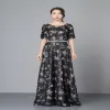 Ruyal Style Silver Star Pattern Short sleeves Black Lace Long Thin Dress For Pretty Girl