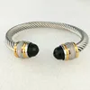 Lady's Top Fashion Show Stainless Steel Thick Twisted Rope Wire Double Black Stones Heads Open Cuff Bangle Bracelet