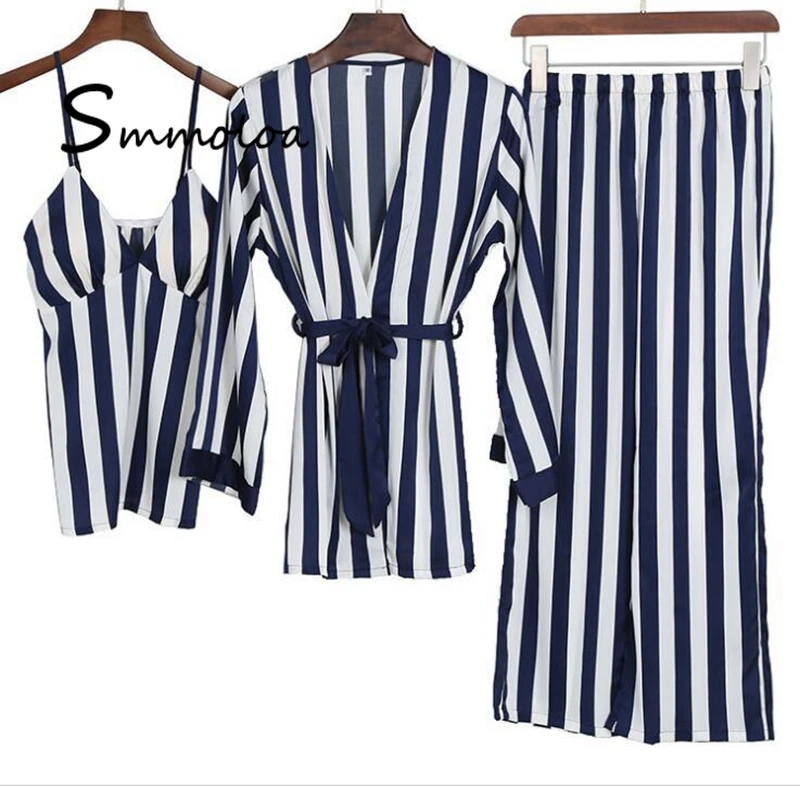 Smmoloa Wholesale Sexy Silk Ladies Sleepwear Full Stripe Pajamas 3 Pcs Set, As picture
Smmoloa Wholesale Sexy Silk Ladies Sleepwear Full Stripe Pajamas 3 Pcs Set, As picture