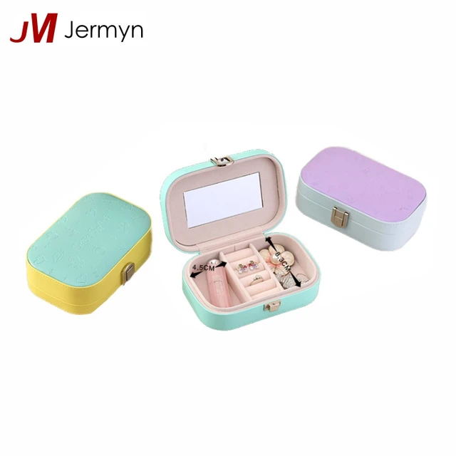 Small trendy jewelry storage boxes leather jewelry case with mirror
