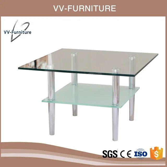 two tier square tempered glass coffee table with stainless steel tube legs