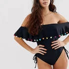 Hot Girls Sexy One Piece Thong Bikini Ruffled Off Shoulder Pom Swimwear Beachwear