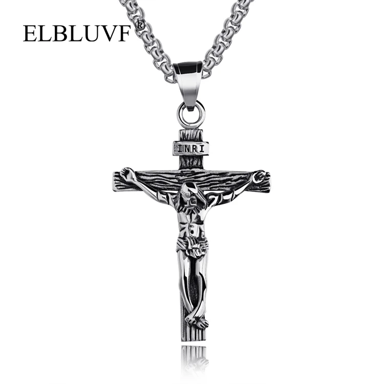 

ELBLUVF Free Shipping Stainless Steel Male Jewelry Antique Religious Belief Jesus Cross Shape Pendant Necklace, Steel color;black gold;gold