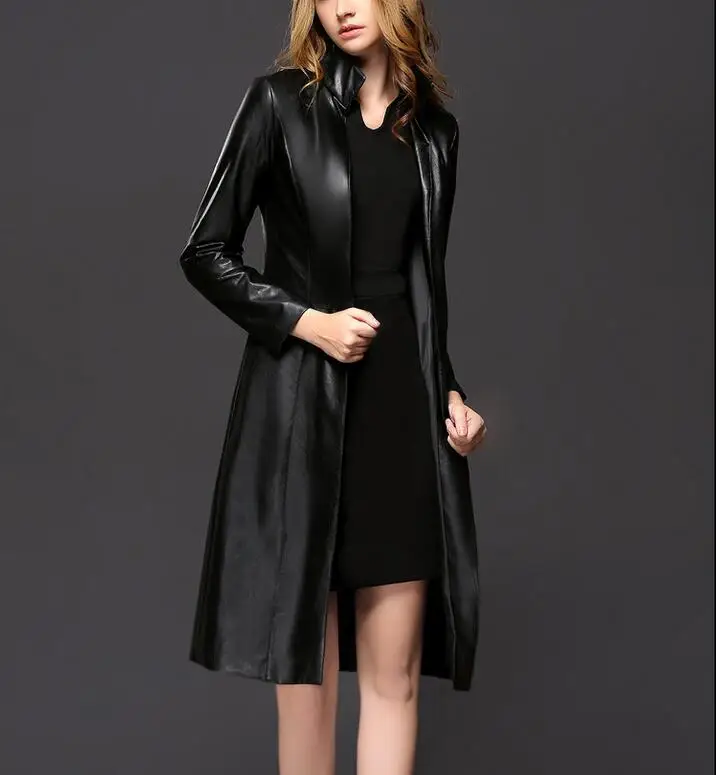 M779 D.Y moda 2016 bayanlar standı yaka siyah uzun pu deri mont kadınlar için