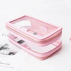 New arrival leather double zipper transparent pvc cosmetic bag beauty makeup case