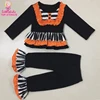 Boutique Long Sleeve Ruffle Bib Shirts Matching Double Ruffle Pants Orange And Black Stripes Halloween Baby Girls Outfits