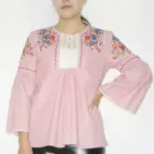 Free Sample Ladies Stripe Floral Embroidery Long Sleeve Blouse