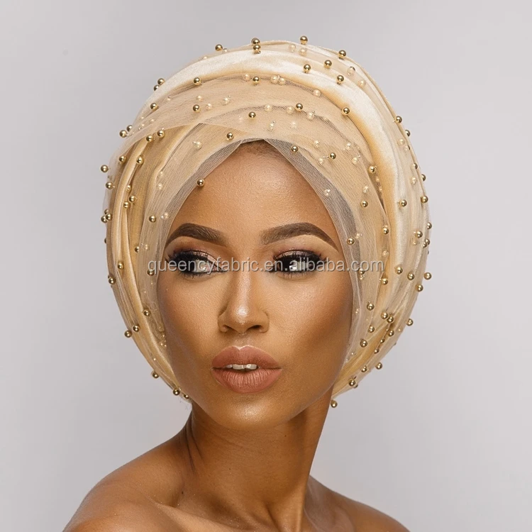 HQT12 Queency Wholesale Price Popular Design Hijab Tube Turban Velvet Headwrap Head Tie with Net and Beads