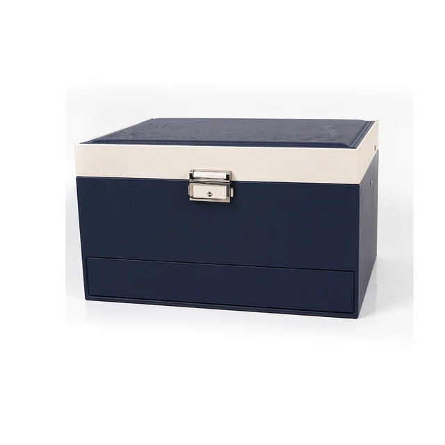 Antique Automatic Open Lining Fabric deep blue 3 drawers glass mirror Jewelry Box