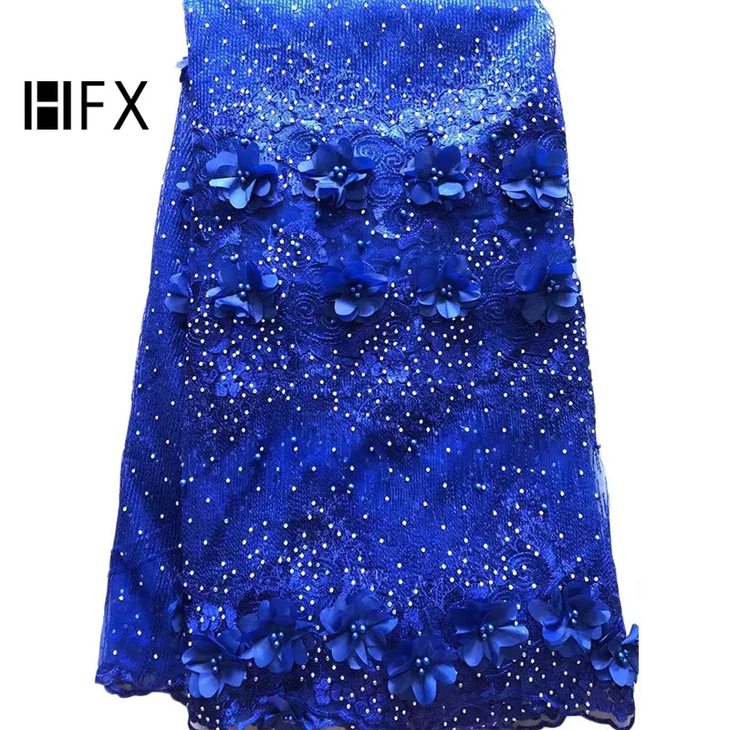 

HFX Latest 3d Flower Lace Nigeria Embroidery French Tulle Lace 2019 African Net Lace Fabric for Party, Royal blue