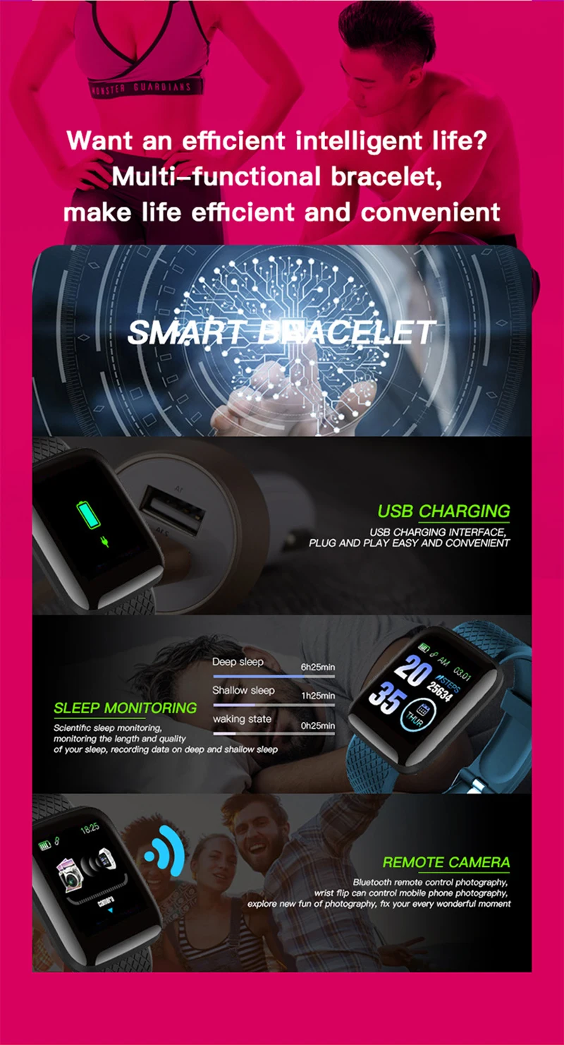 Warmwave 116 PLUS Color Screen Smart Bracelet Watch Heart Rate Blood Pressure Monitoring IP67 Waterproof Wrist Band - ANKUX Tech Co., Ltd