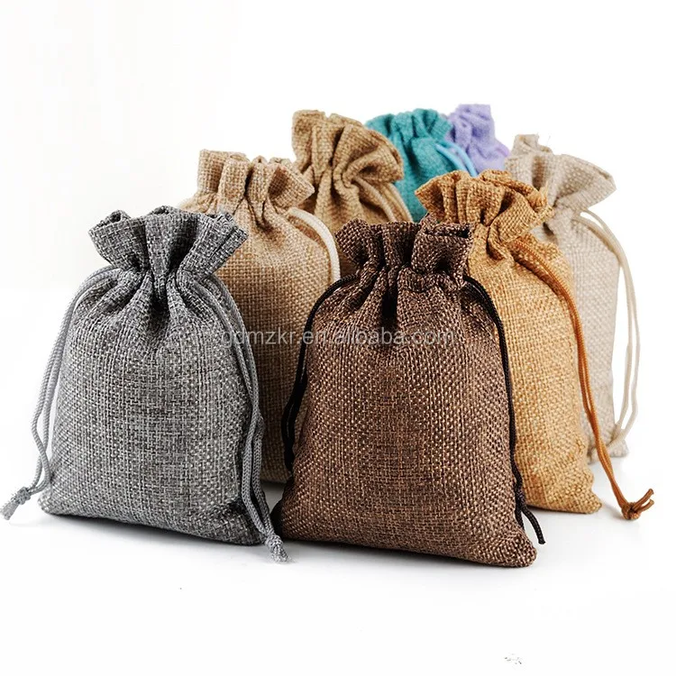 custom logo printed linen pouch jute burlap drawstring gift bag