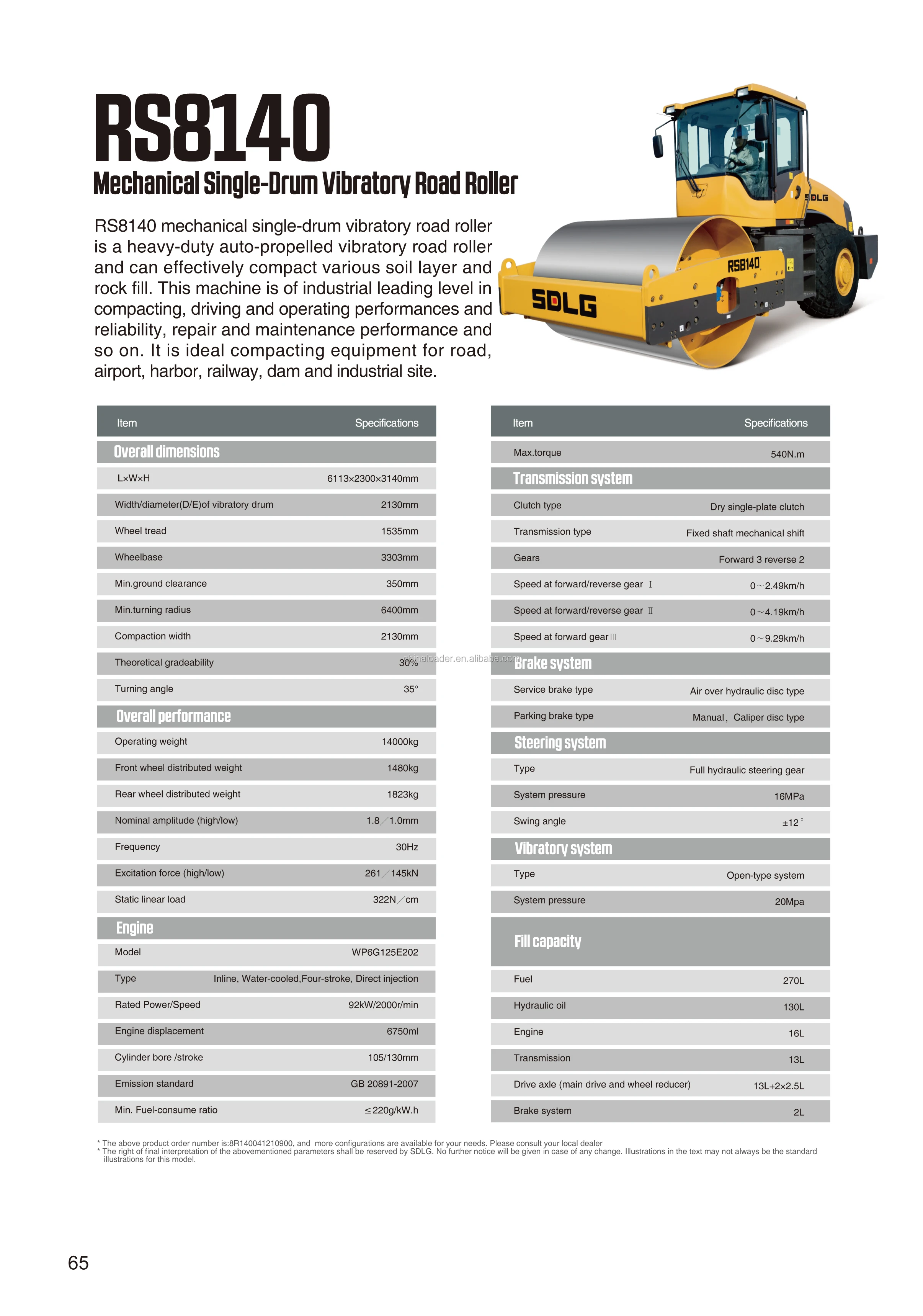 sdlg 14 ton road roller rs8140 with single drum vibratory road