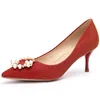 Ladies Dress Pumps Shoes Sequins Pearl Buckle Wedding Shoes Pointed Red High Heel