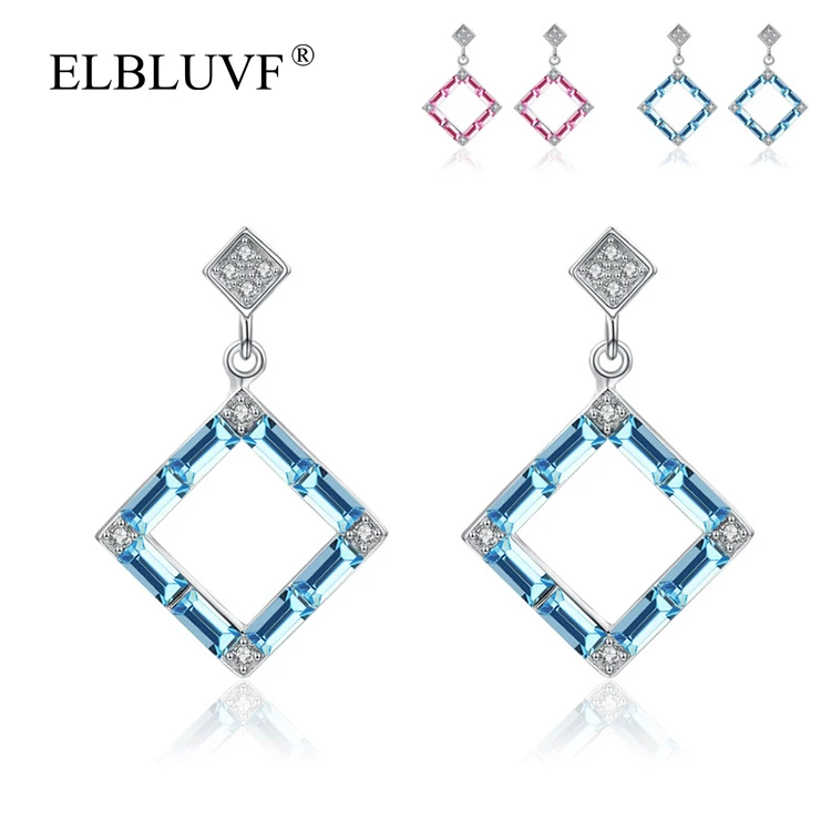 

ELBLUVF 925 Sterling Silver Latest Fashion Artifical Crystal Rhombus Shape Stud Earrings Jewelry At Low Price For Gift, Pink,blue