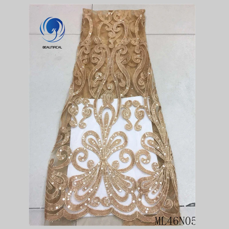 

Beautifical gold sequins lace 2019 lace fabrics nigerian dresses french tulle lace 5 yards ML46N05, Can be customized