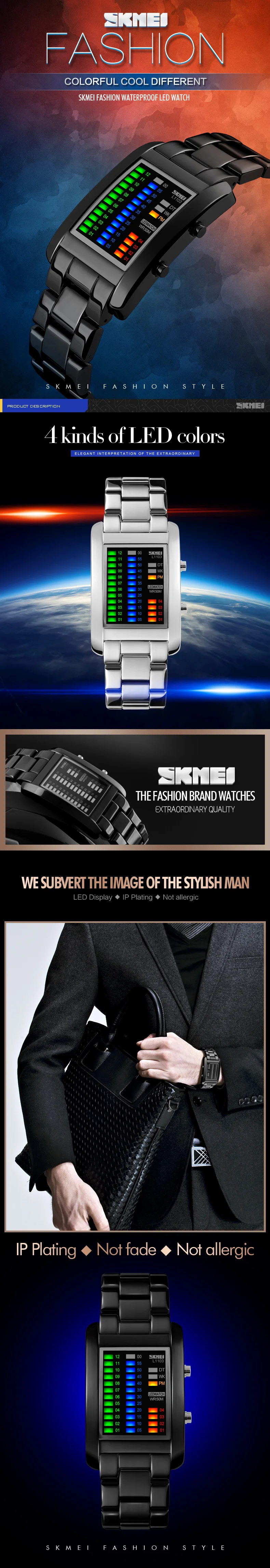SKMEI 1103 Men Fashion Stainless Steel Watches LED Digital Waterproof Wristwatch