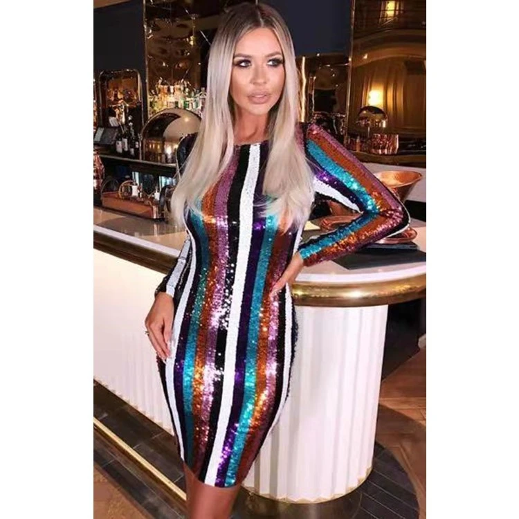 High Quality Sequins Celebrity Long Sleeve Striped Colorful Fashion Night Club Evening Party Dress, As pics
High Quality Sequins Celebrity Long Sleeve Striped Colorful Fashion Night Club Evening Party Dress, As pics