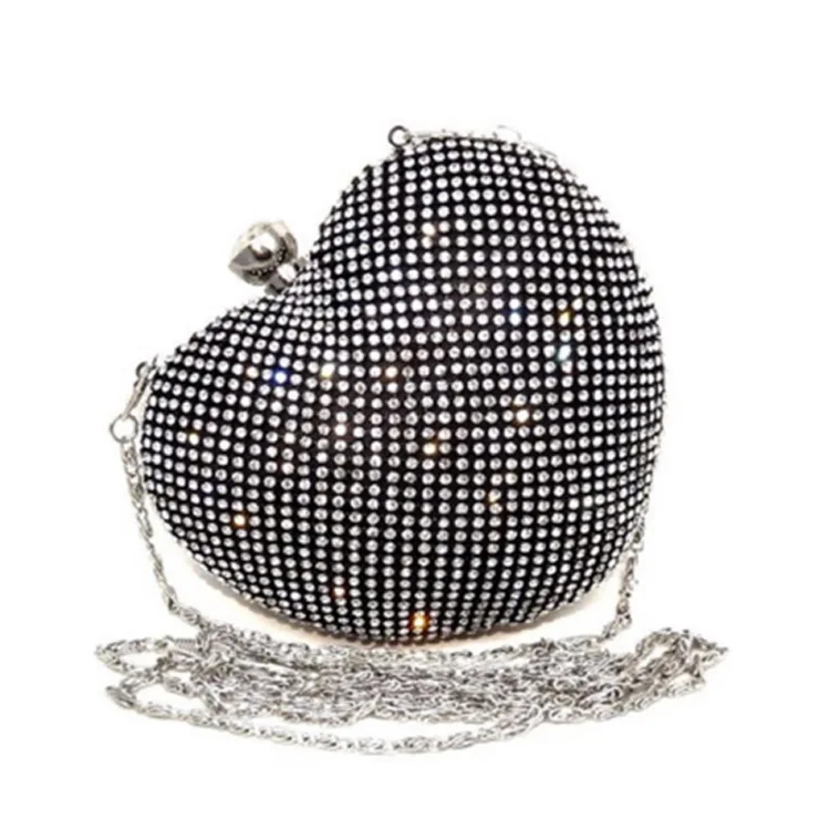 Hot selling elegant women shiny diamond heart shape crystal chain evening bag,Custom multi-function phone evening dinner bag