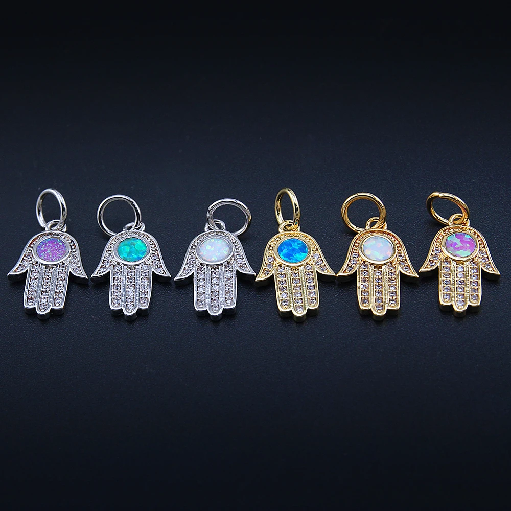

Prong set Zircon and Opal gem Hamsa hand pendant with 925 sterling silver necklace, Yellow,red,blue etc.