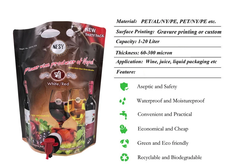 custom wine drink water bib bag in box dispenser with tap valve