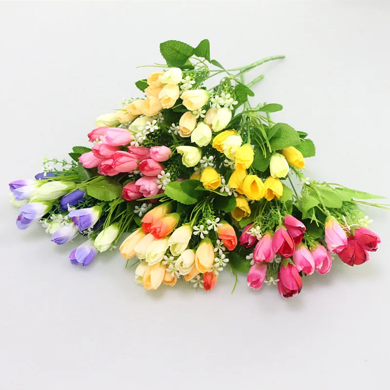Flone 15 Heads Mini Artificial Tulips Bouquet Silk flower DIY Wedding Home Decorative Wreath Fake Decorative Florals (7)
