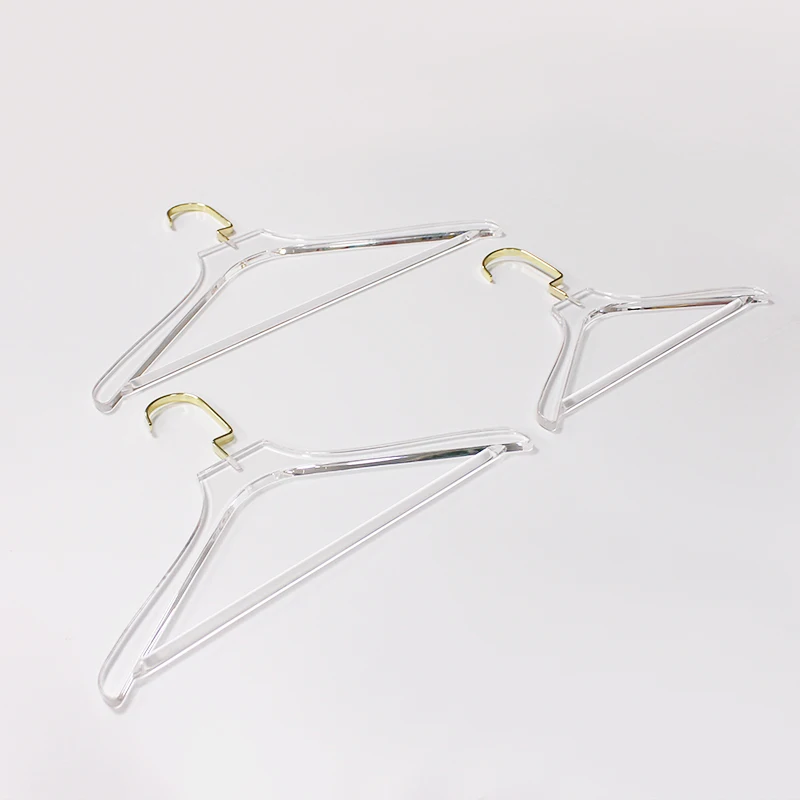 Custom logo clear transparent acrylic coat suits clothes hangers with bar with golden wide hook
Custom logo clear transparent acrylic coat suits clothes hangers with bar with golden wide hook