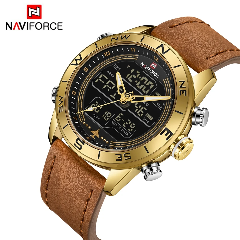 

NAVIFORCE NF9144 Men's Digital+Quartz Watch Japan Movement Leather Band Watch Luminous Week Date Month