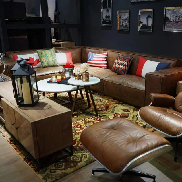 New modern desconto barato sala de estar sofás móveis grande em forma de L sala conjunto de sofá secional de couro do olhar do vintage para a venda