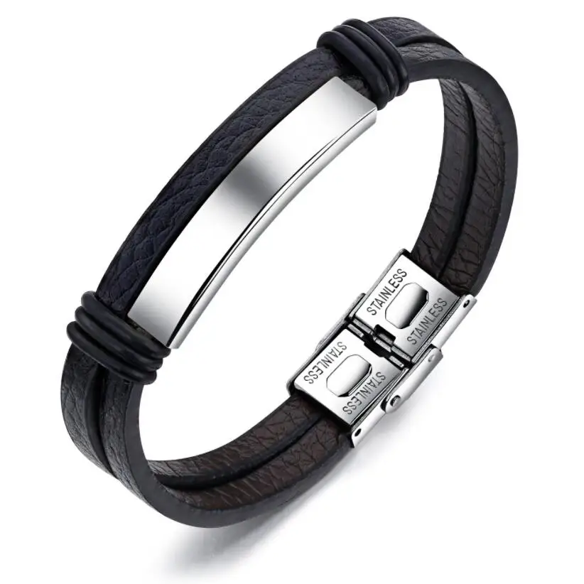 Stylish new creative black stainless steel men's leather bracelet double student bracelet
Stylish new creative black stainless steel men's leather bracelet double student bracelet