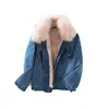 Pink Fox Fur Collar Lining Plush Denim Jacket Warm Short Denim Jacket Female Coat For Winter