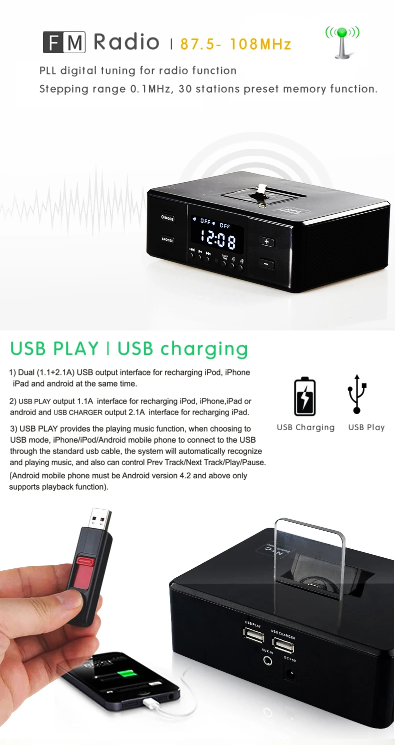 LCD Display Dock charging station Wireless speaker dock with FM alarm clock handsfree Dock speaker with remote control - ANKUX.COM