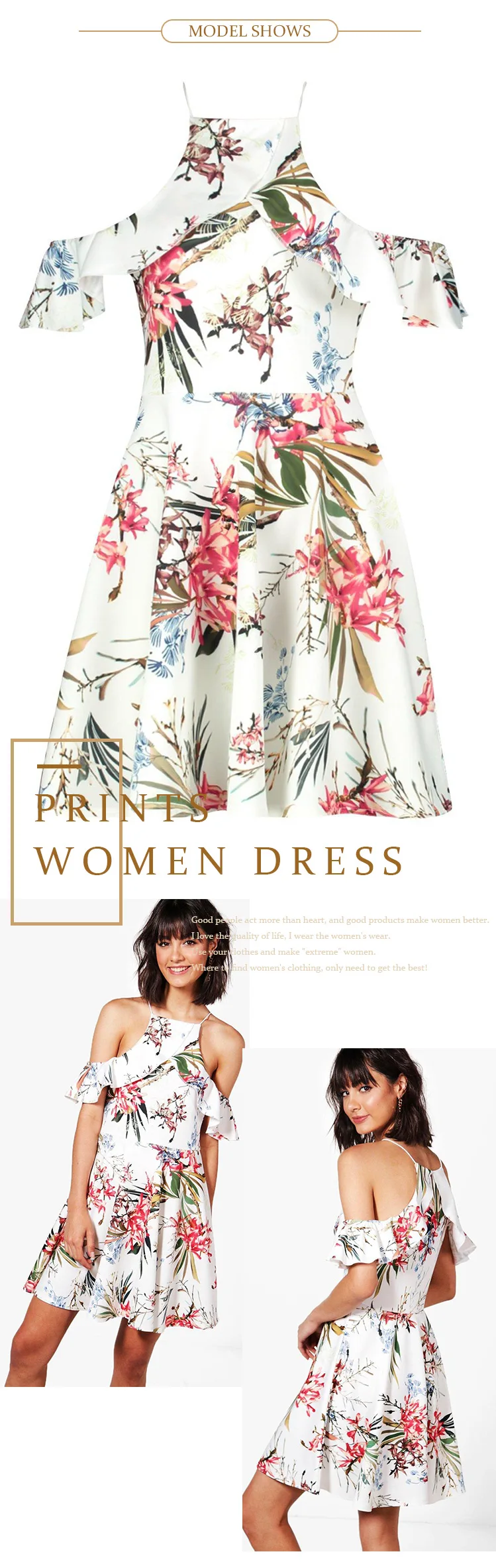 summer beach print Floral cold shoulder women mini skater dress