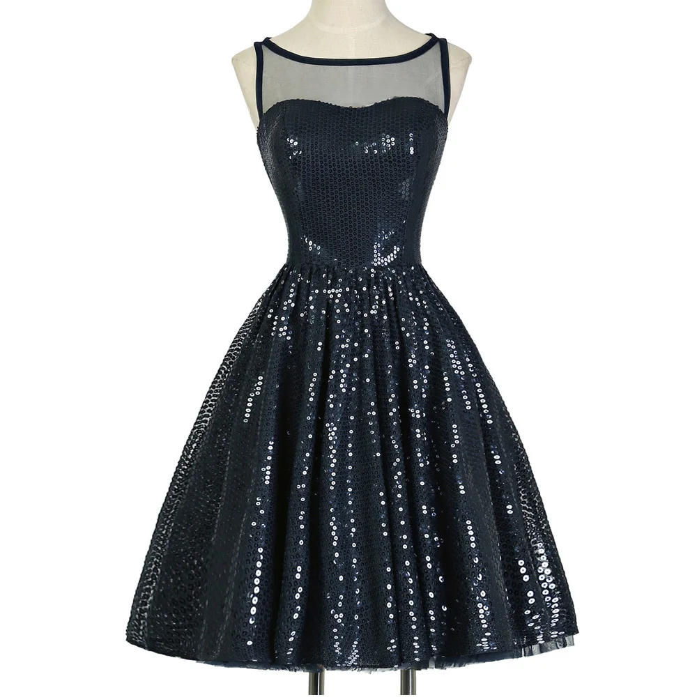 Grace Karin Sequined Short Evening Dresses 2015 Navy Blue Sleeveless Elegant Evening Prom Party Dresses Robe De Soiree 007599