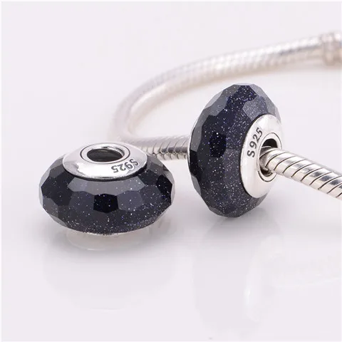 Murano Black Glass Beads DIY 15MM Glass Beads Genuine 925 Sterling Silver Faceted Murano Screw Thread Glass Beads For Bracelets