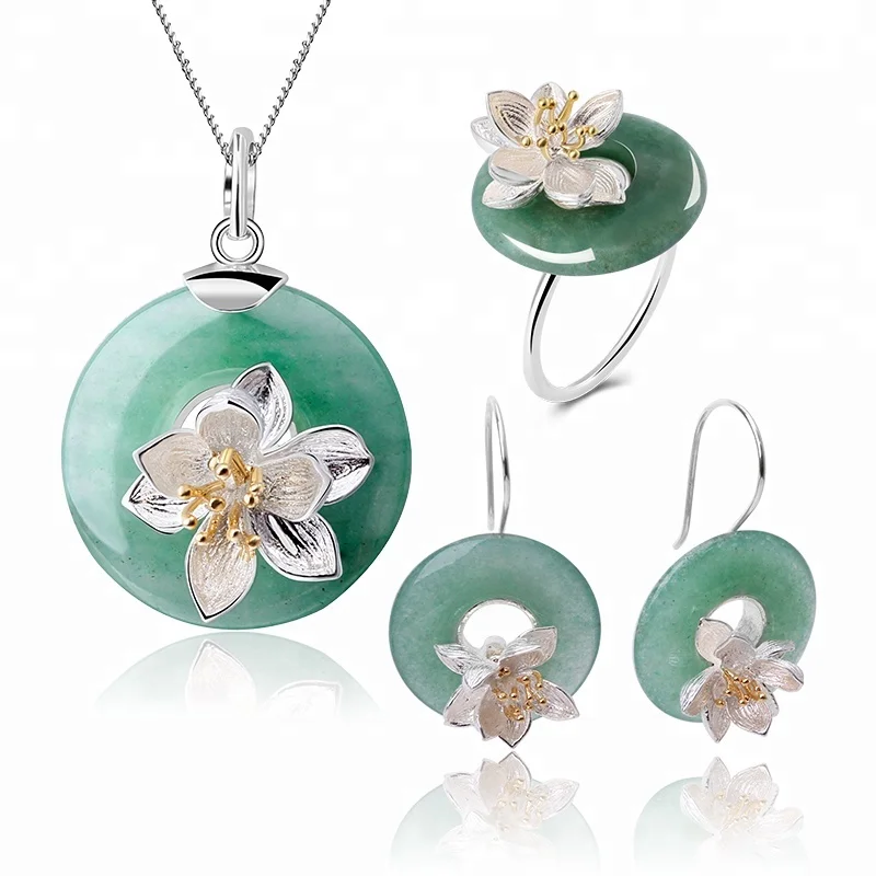 

lotus Fun Round Lotus Whispers Shape ring Drop Earring Pendant Necklace 925 Sliver Jade Jewelry Sets For Women